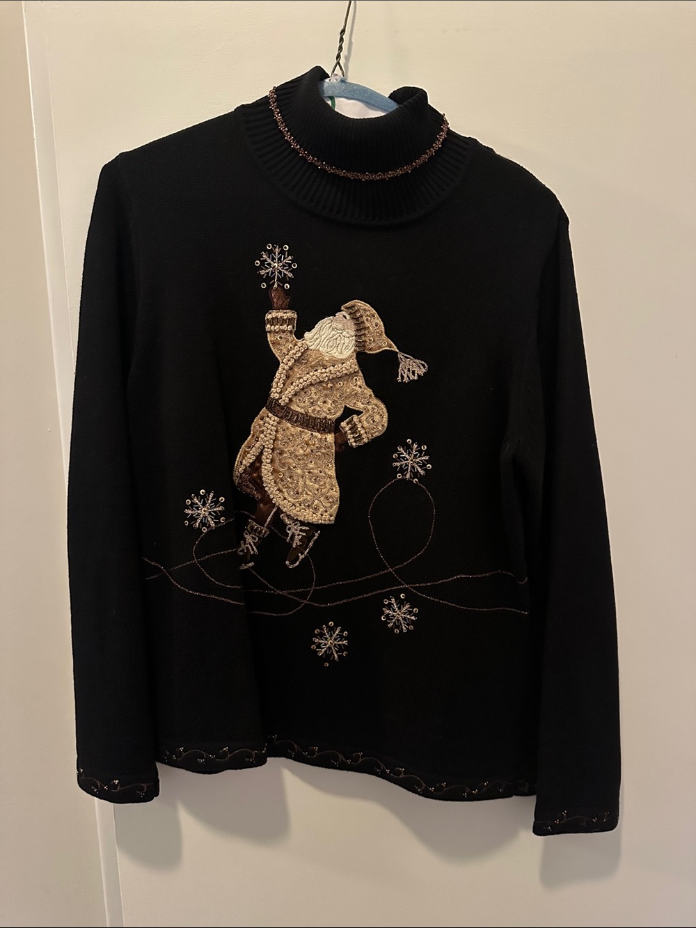 Talbots Black Turtleneck Sweater with Gold Embroidered Santa Motif